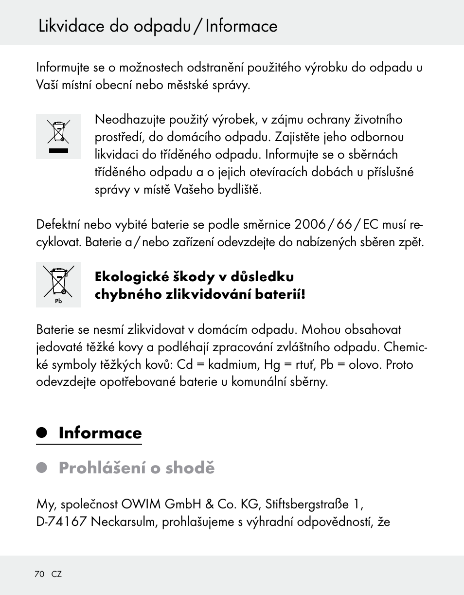 Likvidace do odpadu / informace, Informace, Prohlášení o shodě | Silvercrest Z31370A/Z31370B User Manual | Page 70 / 100