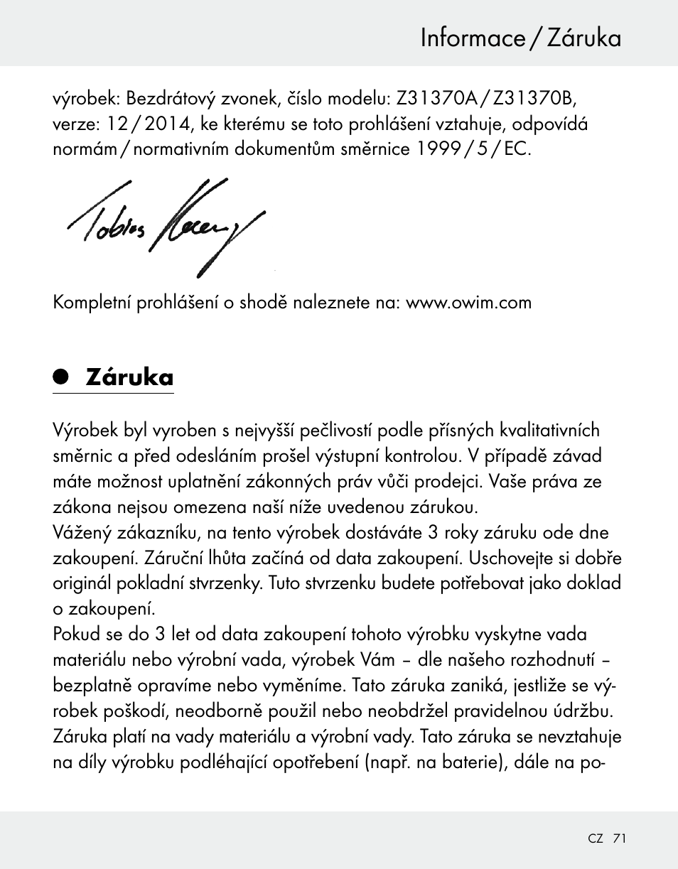 Informace / záruka, Záruka | Silvercrest Z31370A/Z31370B User Manual | Page 71 / 100