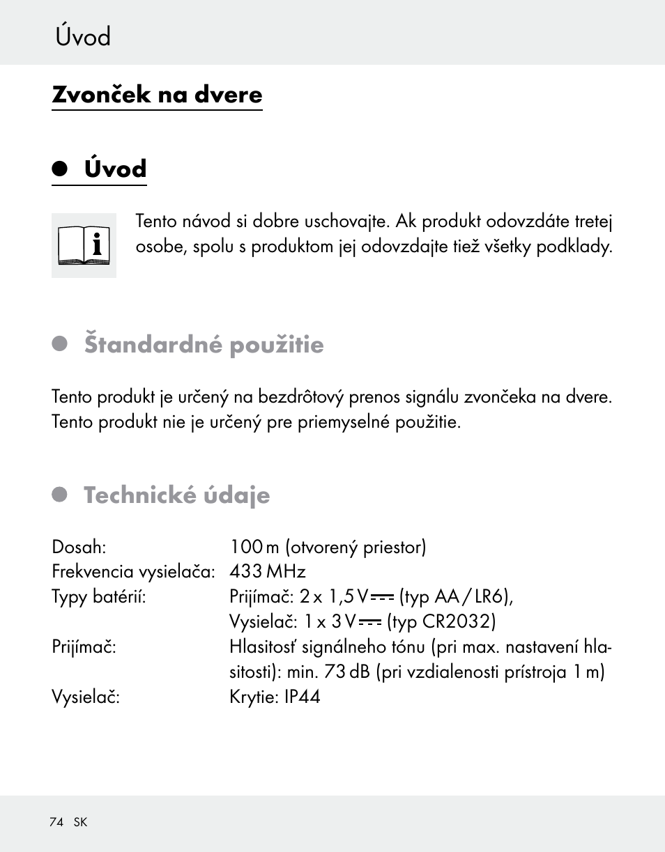 Zvonček na dvere, Úvod, Štandardné použitie | Technické údaje | Silvercrest Z31370A/Z31370B User Manual | Page 74 / 100