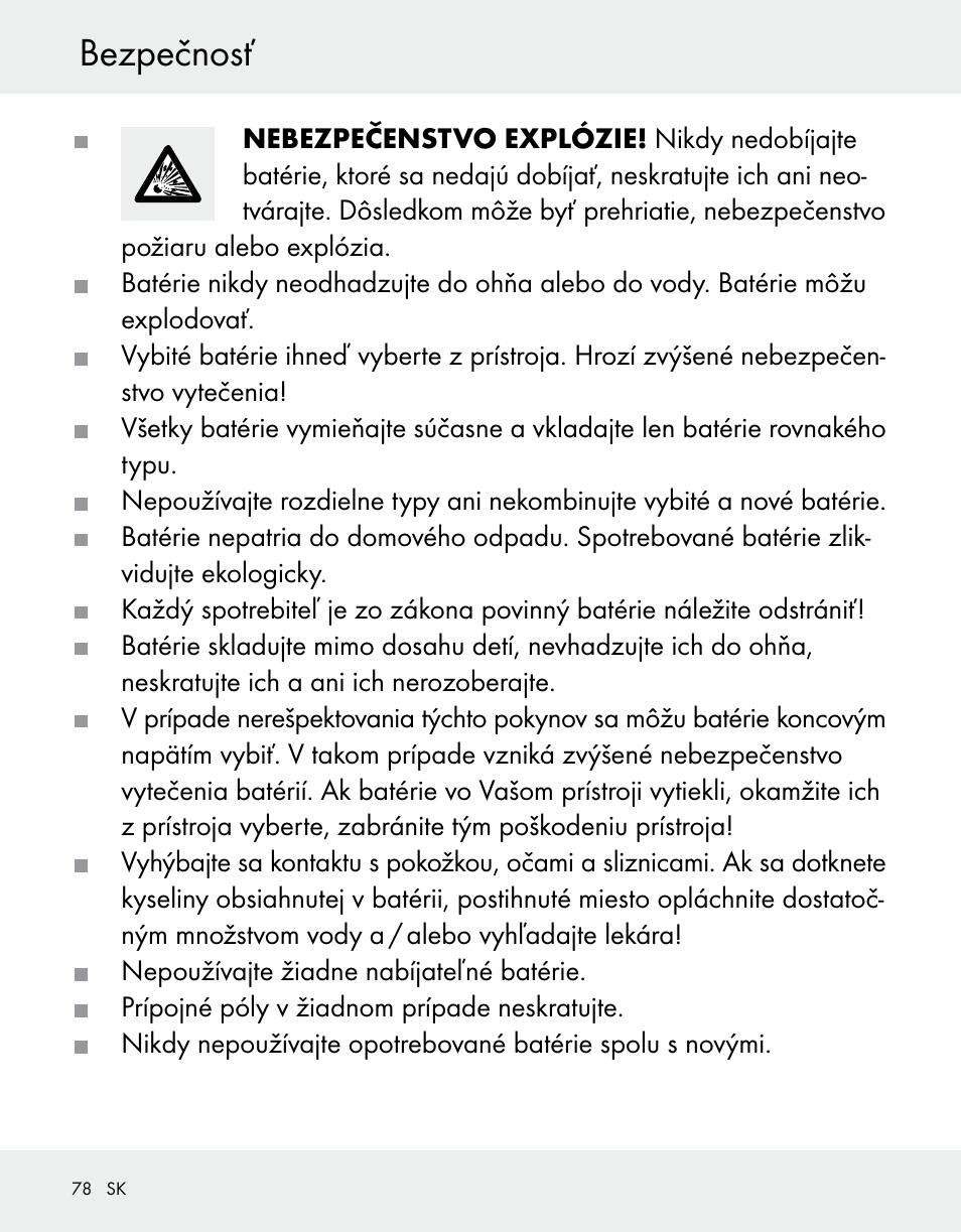 Bezpečnosť | Silvercrest Z31370A/Z31370B User Manual | Page 78 / 100