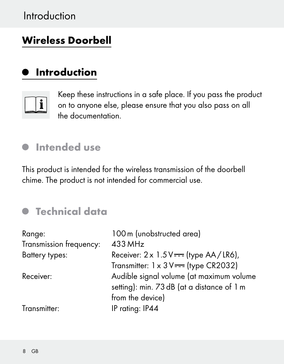 Introduction, Wireless doorbell introduction, Intended use | Technical data | Silvercrest Z31370A/Z31370B User Manual | Page 8 / 100