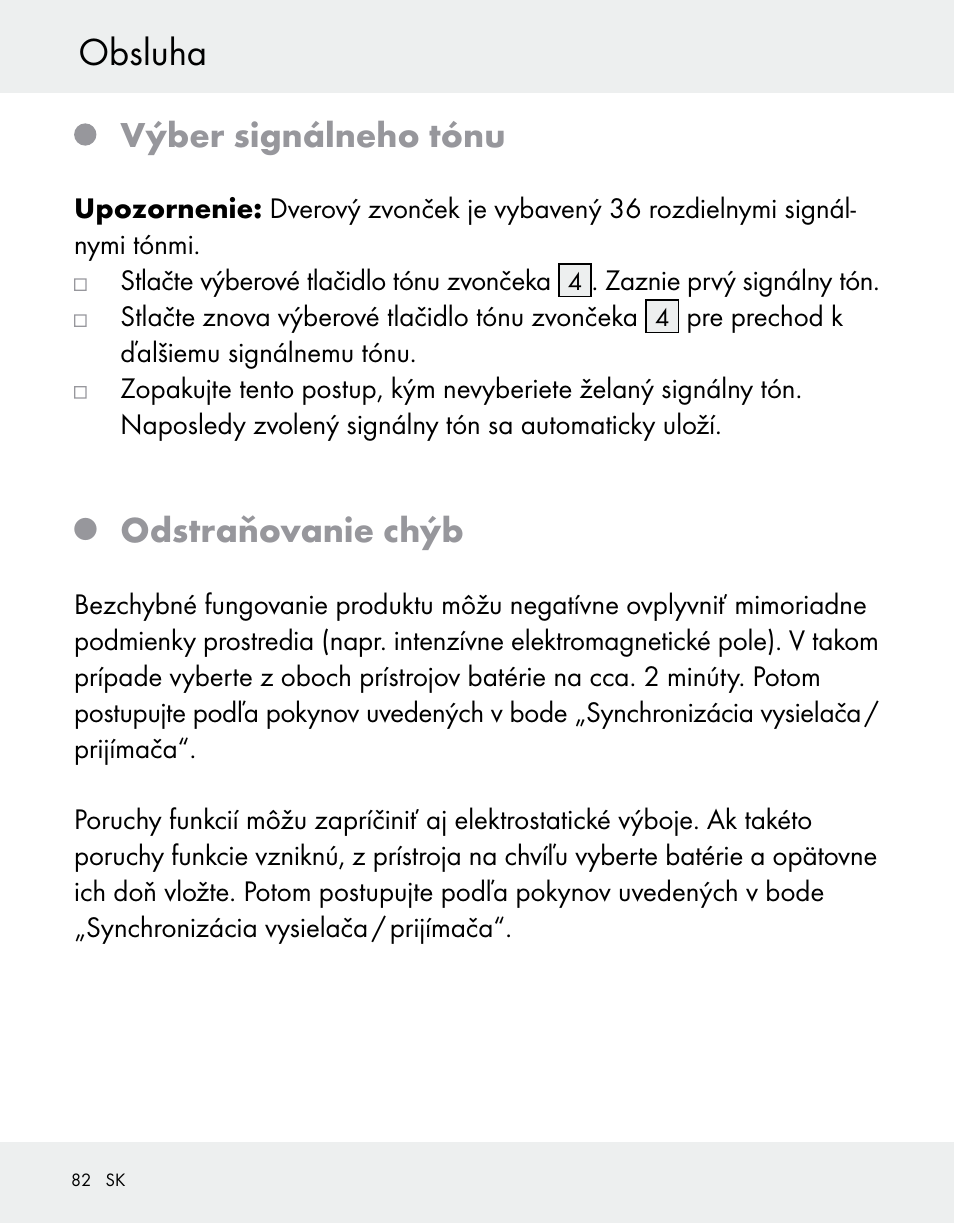 Obsluha, Výber signálneho tónu, Odstraňovanie chýb | Silvercrest Z31370A/Z31370B User Manual | Page 82 / 100