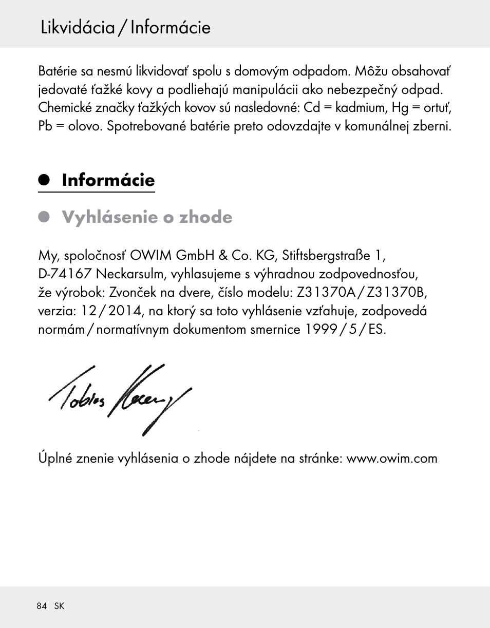 Likvidácia / informácie, Informácie, Vyhlásenie o zhode | Silvercrest Z31370A/Z31370B User Manual | Page 84 / 100