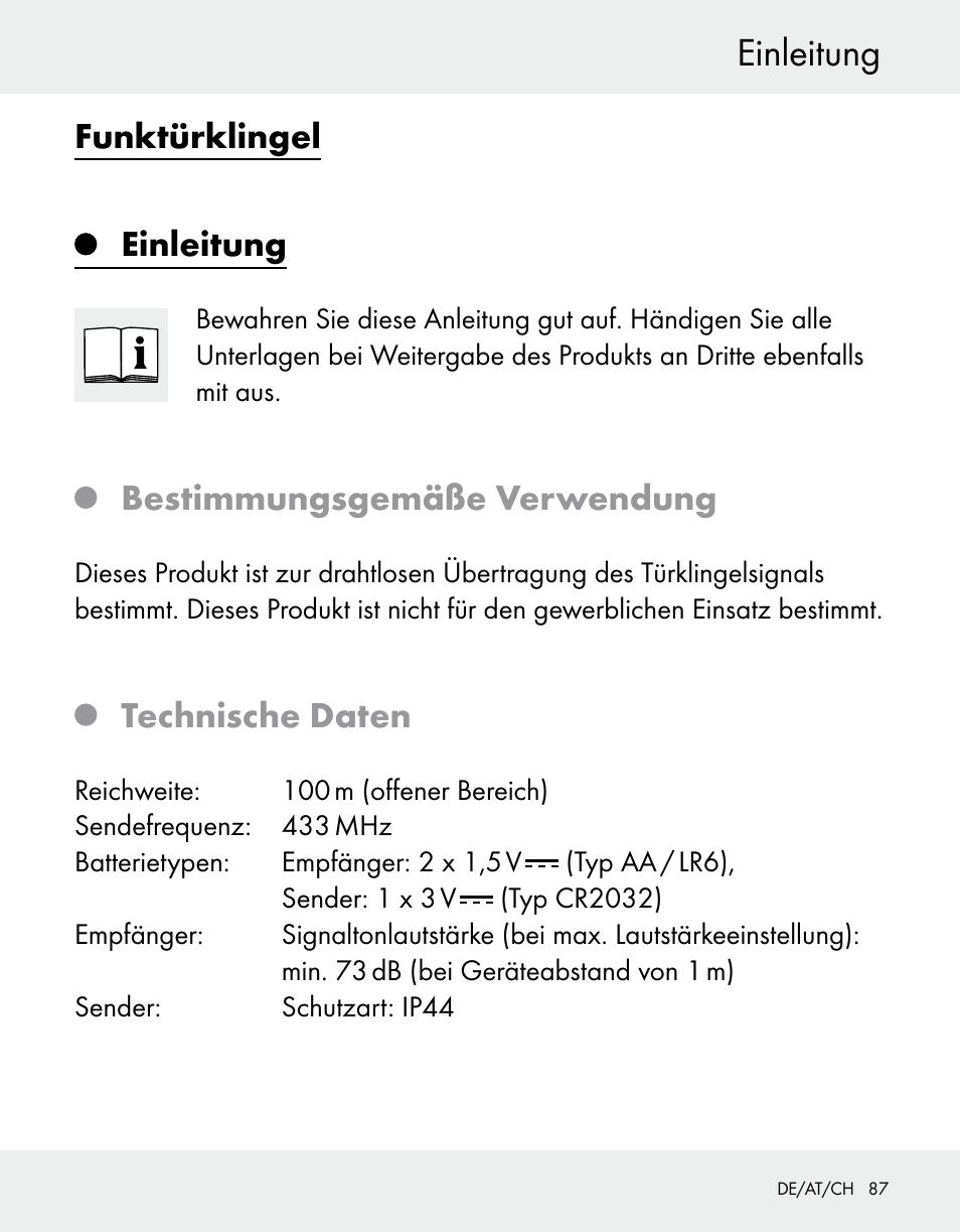Einleitung, Funktürklingel, Bestimmungsgemäße verwendung | Technische daten | Silvercrest Z31370A/Z31370B User Manual | Page 87 / 100