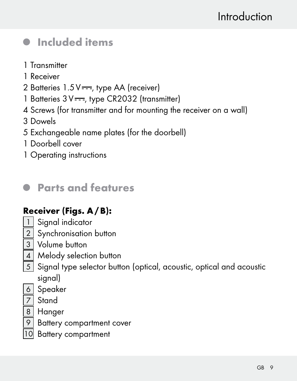 Introduction, Included items, Parts and features | Silvercrest Z31370A/Z31370B User Manual | Page 9 / 100