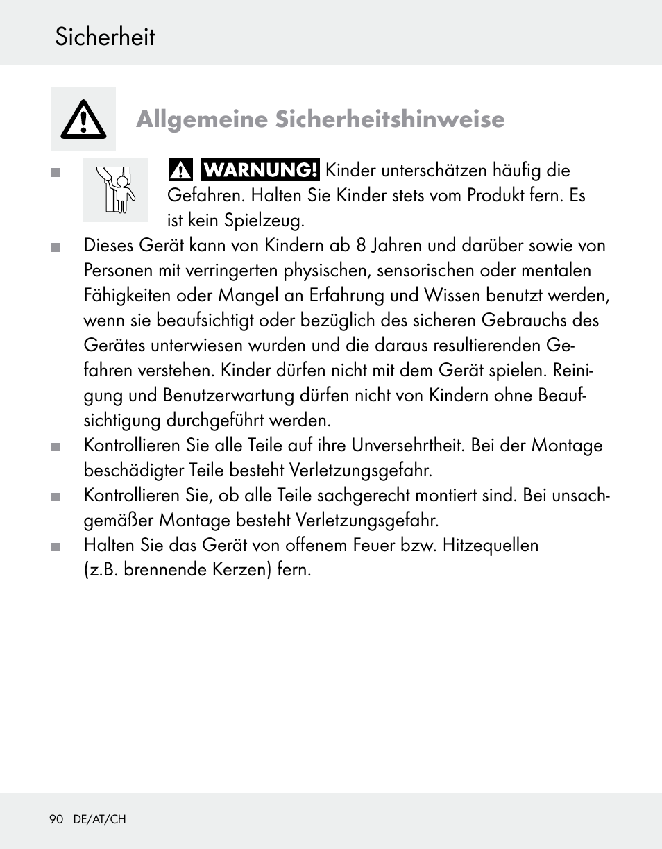 Sicherheit, Allgemeine sicherheitshinweise | Silvercrest Z31370A/Z31370B User Manual | Page 90 / 100