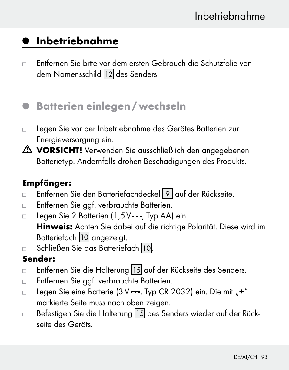 Inbetriebnahme, Batterien einlegen / wechseln | Silvercrest Z31370A/Z31370B User Manual | Page 93 / 100