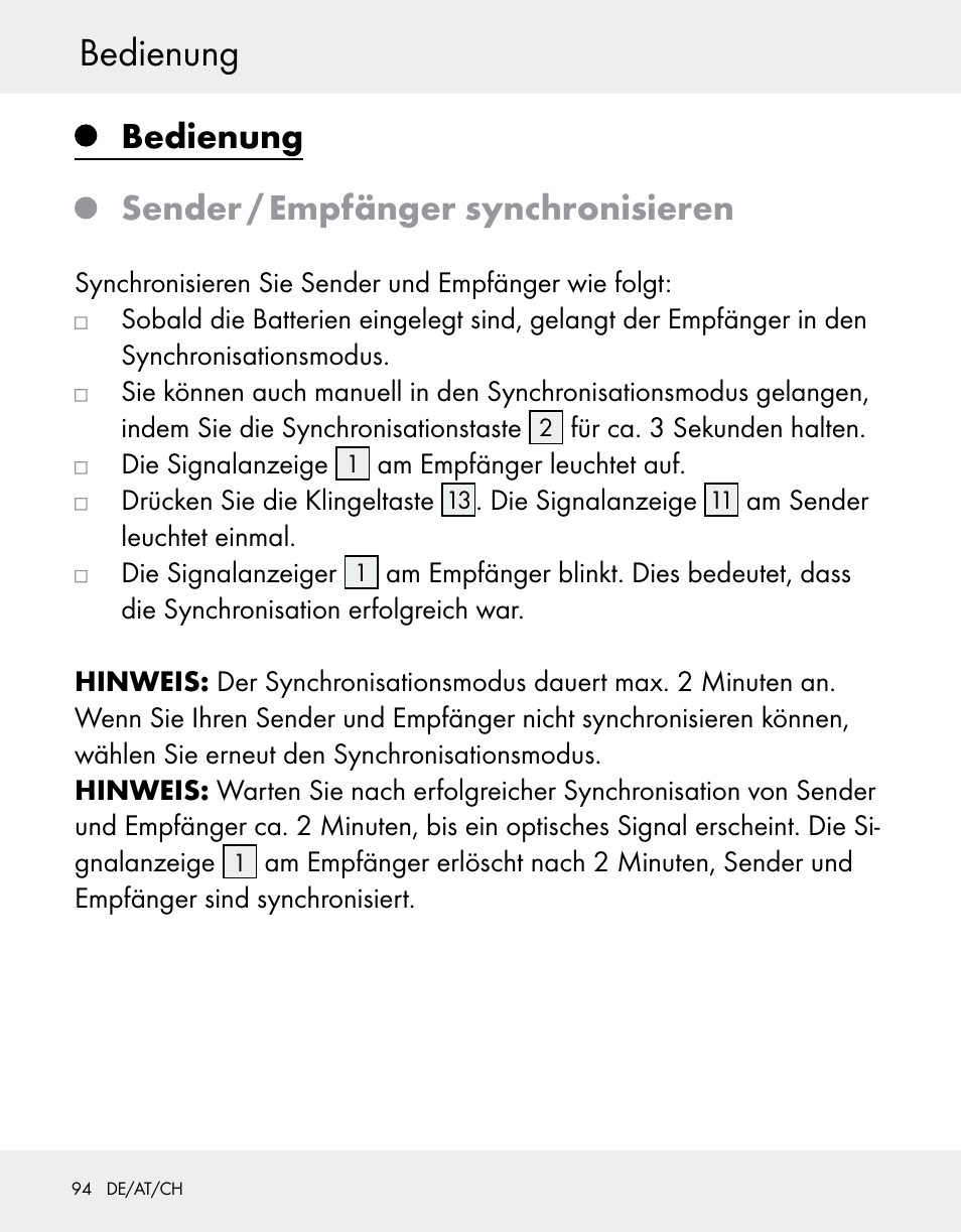 Bedienung, Sender / empfänger synchronisieren | Silvercrest Z31370A/Z31370B User Manual | Page 94 / 100