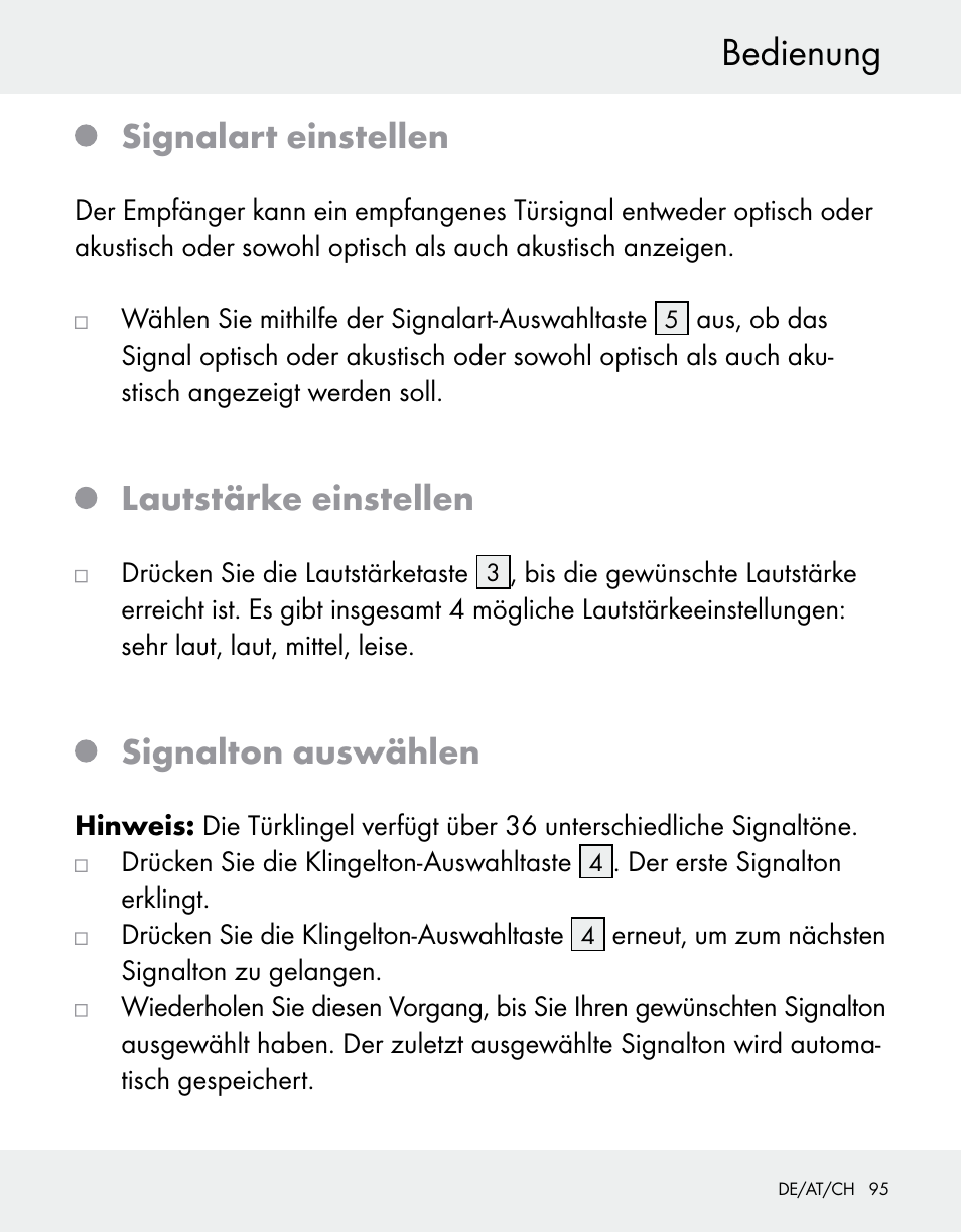 Bedienung, Signalart einstellen, Lautstärke einstellen | Signalton auswählen | Silvercrest Z31370A/Z31370B User Manual | Page 95 / 100