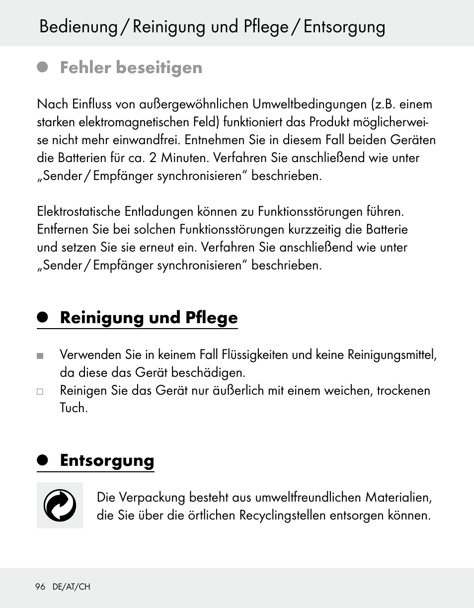 Bedienung / reinigung und pflege / entsorgung, Fehler beseitigen, Reinigung und pflege | Entsorgung | Silvercrest Z31370A/Z31370B User Manual | Page 96 / 100