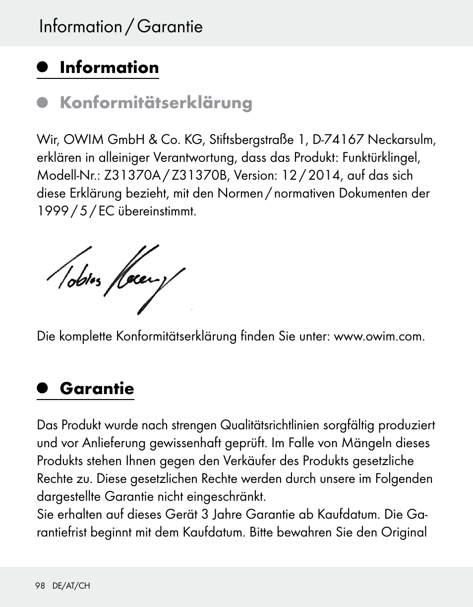 Information / garantie, Information, Konformitätserklärung | Garantie | Silvercrest Z31370A/Z31370B User Manual | Page 98 / 100