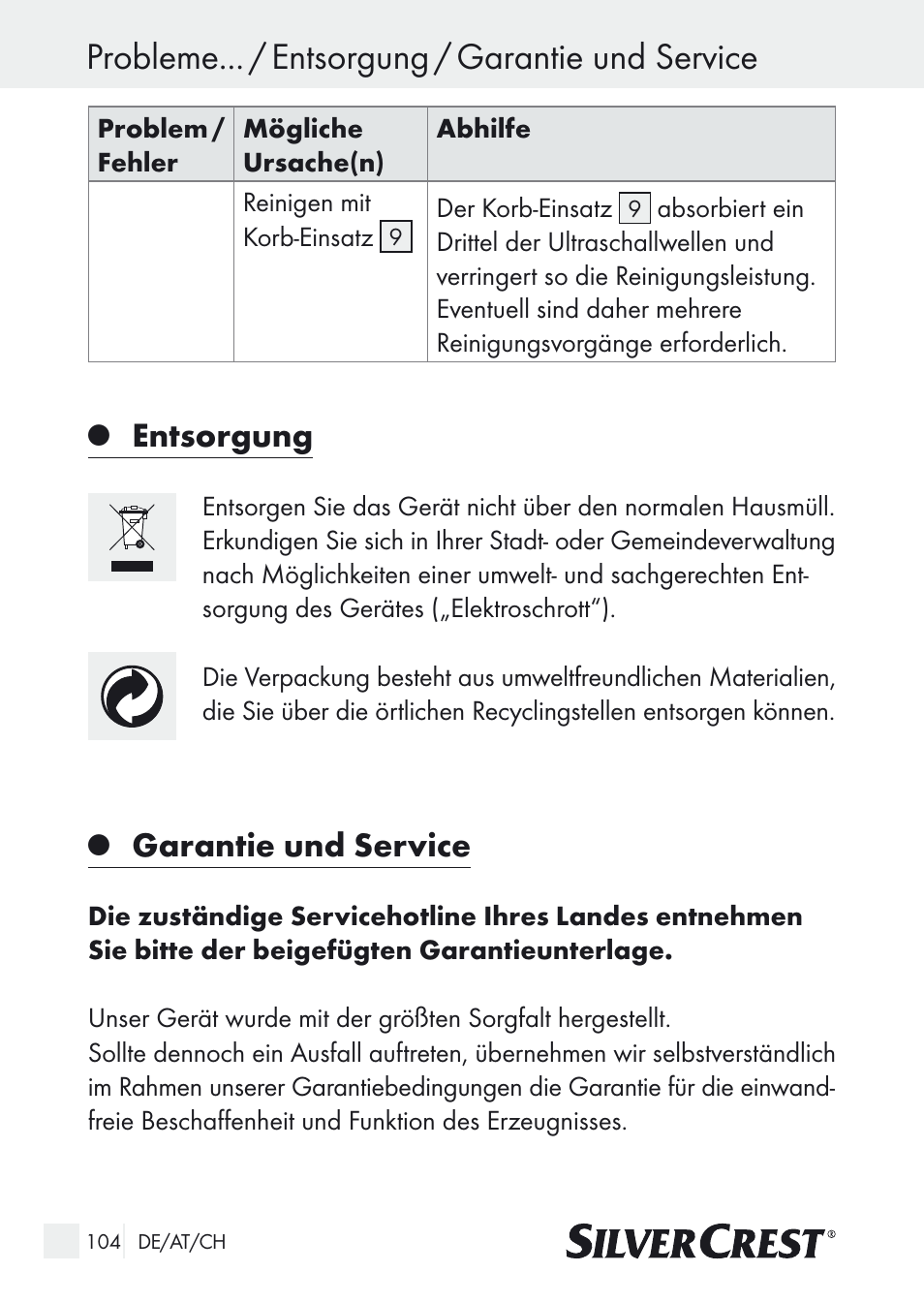 Probleme... / entsorgung / garantie und service, Entsorgung, Garantie und service | Silvercrest SUR 46 A1 User Manual | Page 104 / 109