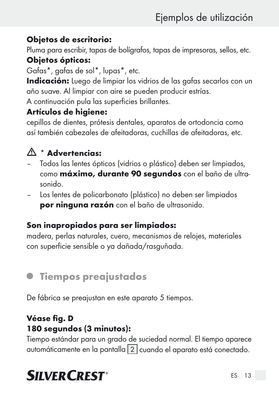 Ejemplos de utilización, Tiempos preajustados | Silvercrest SUR 46 A1 User Manual | Page 13 / 109