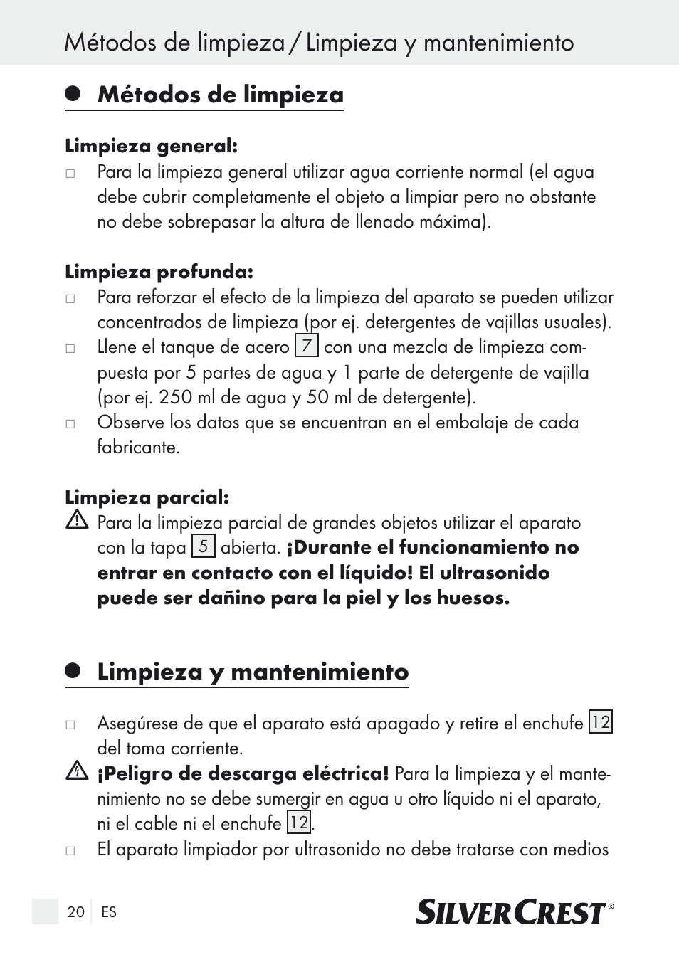 Métodos de limpieza / limpieza y mantenimiento, Métodos de limpieza, Limpieza y mantenimiento | Silvercrest SUR 46 A1 User Manual | Page 20 / 109