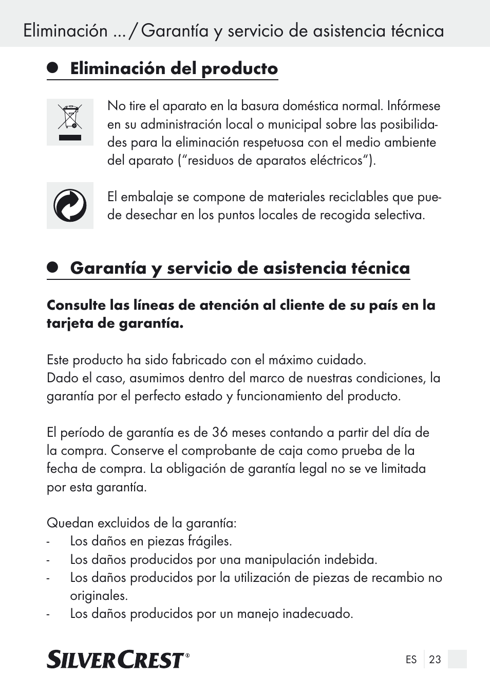 Eliminación del producto, Garantía y servicio de asistencia técnica | Silvercrest SUR 46 A1 User Manual | Page 23 / 109