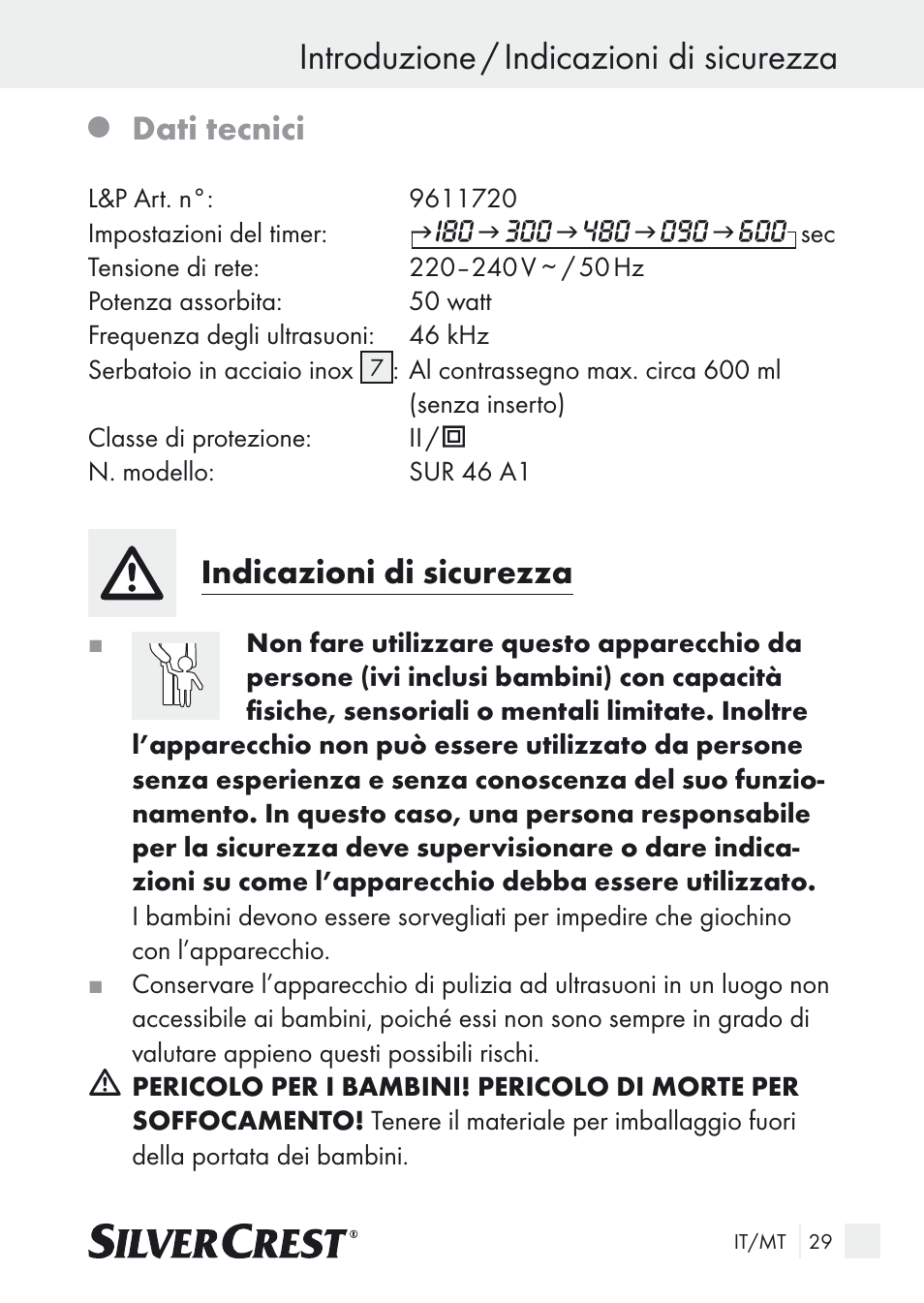 Introduzione / indicazioni di sicurezza, Dati tecnici, Indicazioni di sicurezza | Silvercrest SUR 46 A1 User Manual | Page 29 / 109