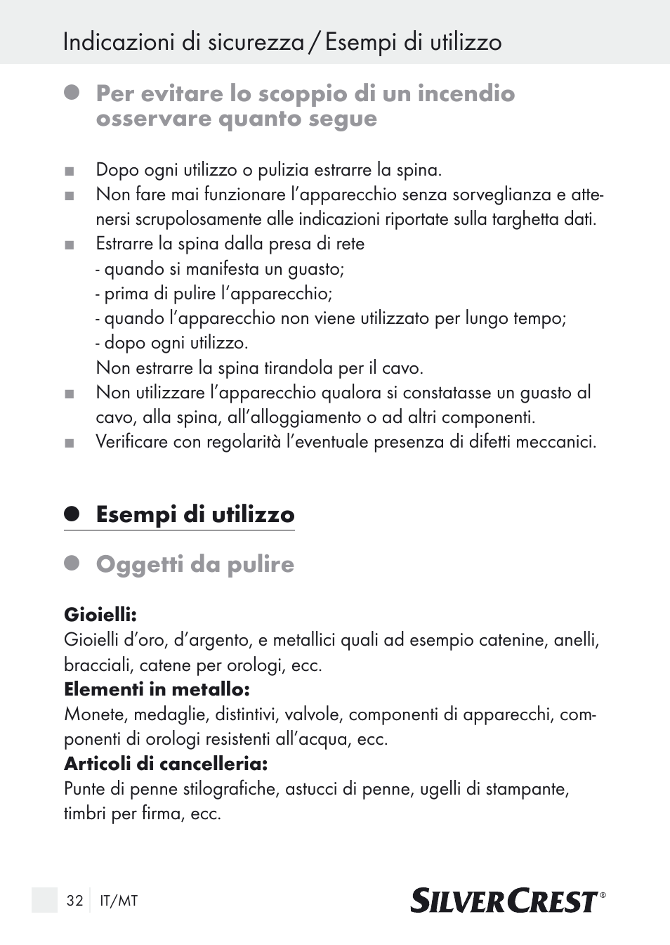 Indicazioni di sicurezza / esempi di utilizzo, Esempi di utilizzo, Oggetti da pulire | Silvercrest SUR 46 A1 User Manual | Page 32 / 109