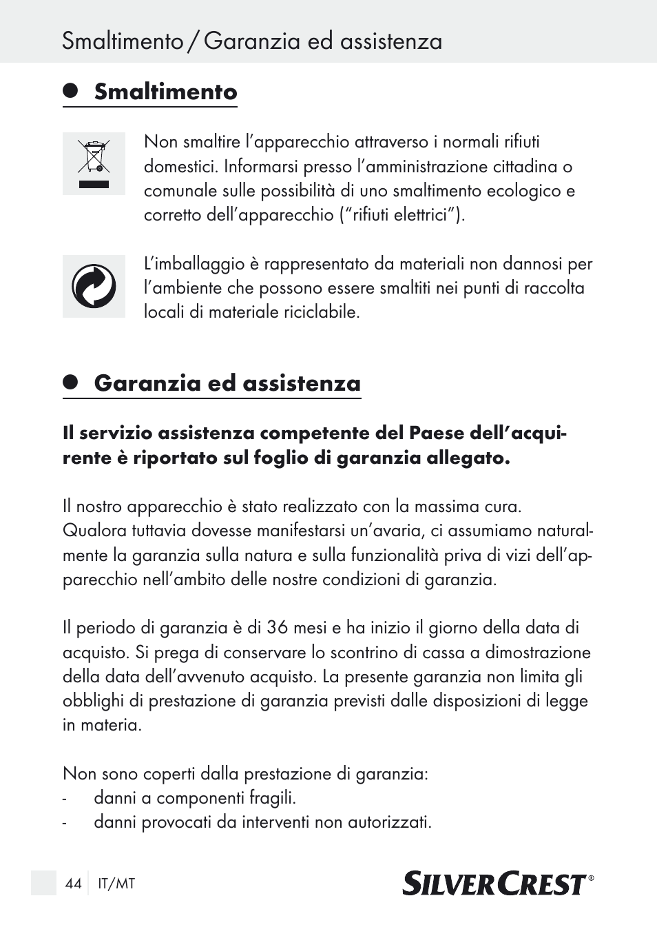 Smaltimento / garanzia ed assistenza, Smaltimento, Garanzia ed assistenza | Silvercrest SUR 46 A1 User Manual | Page 44 / 109