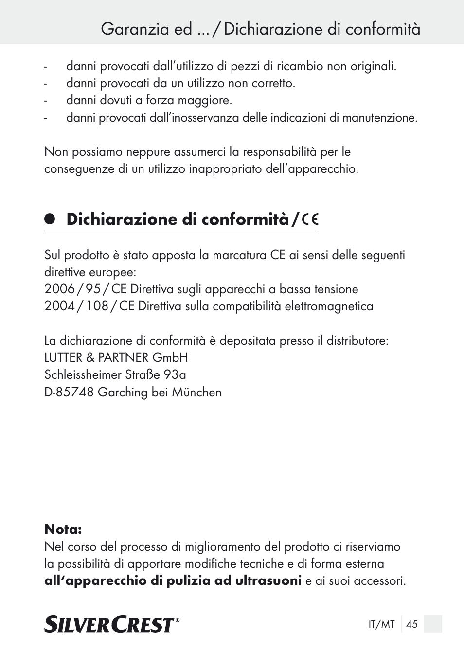 Garanzia ed ... / dichiarazione di conformità, Dichiarazione di conformità | Silvercrest SUR 46 A1 User Manual | Page 45 / 109
