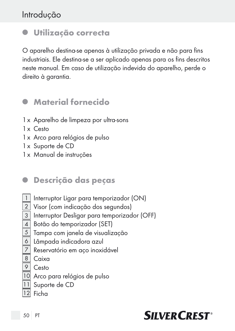 Introdução, Utilização correcta, Material fornecido | Descrição das peças | Silvercrest SUR 46 A1 User Manual | Page 50 / 109