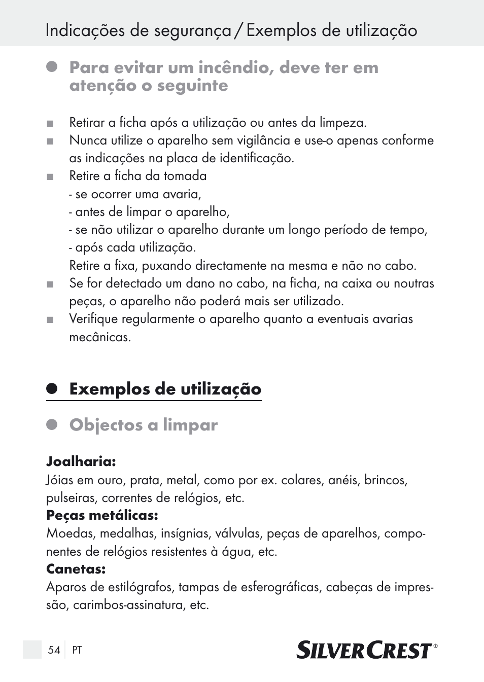 Indicações de segurança / exemplos de utilização, Exemplos de utilização, Objectos a limpar | Silvercrest SUR 46 A1 User Manual | Page 54 / 109