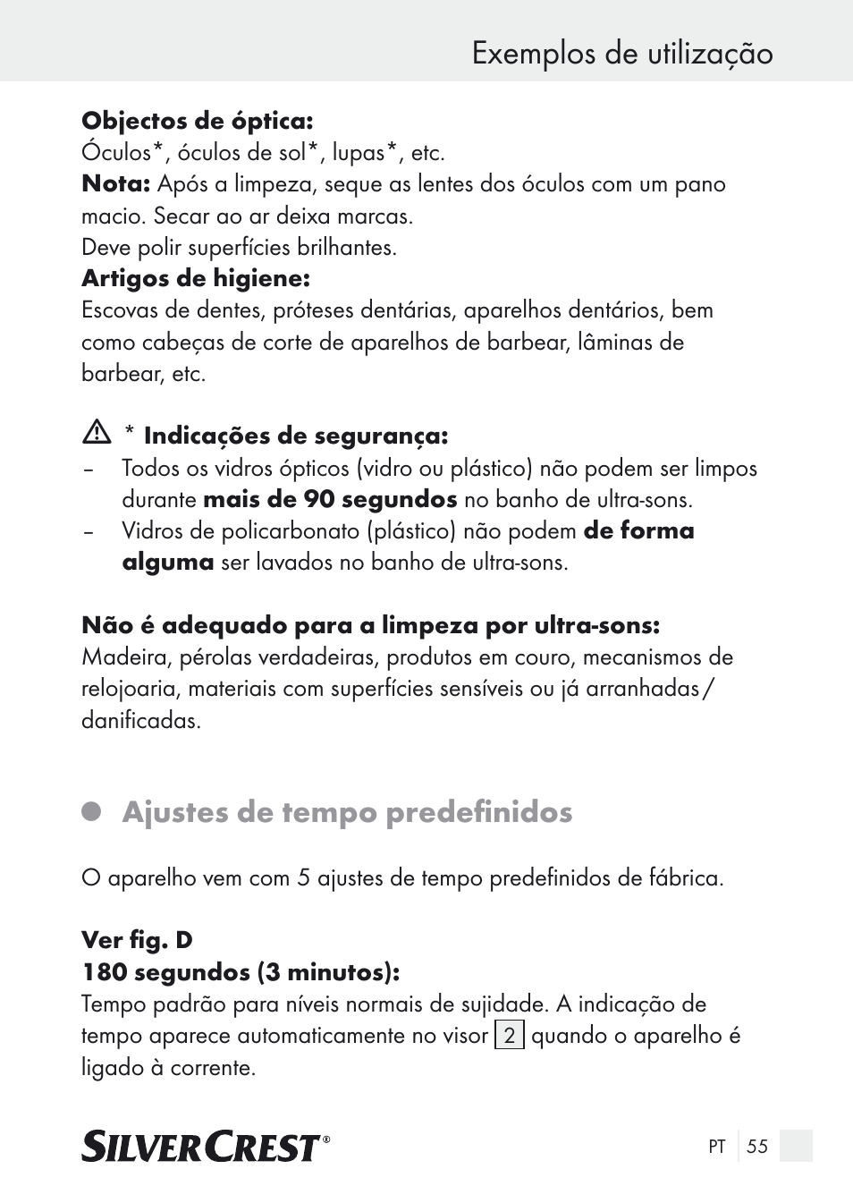 Exemplos de utilização, Ajustes de tempo predefinidos | Silvercrest SUR 46 A1 User Manual | Page 55 / 109