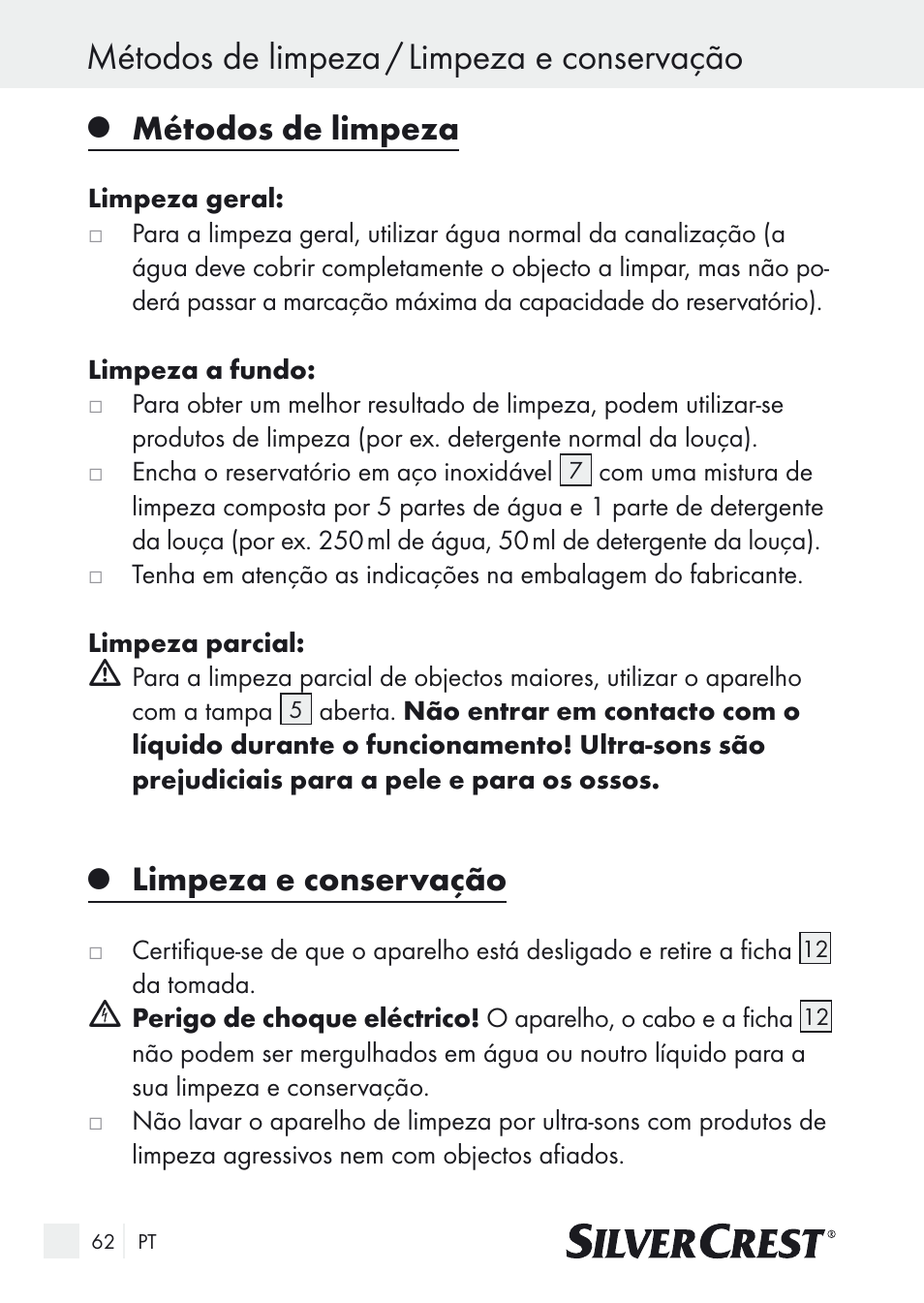 Métodos de limpeza / limpeza e conservação, Métodos de limpeza, Limpeza e conservação | Silvercrest SUR 46 A1 User Manual | Page 62 / 109