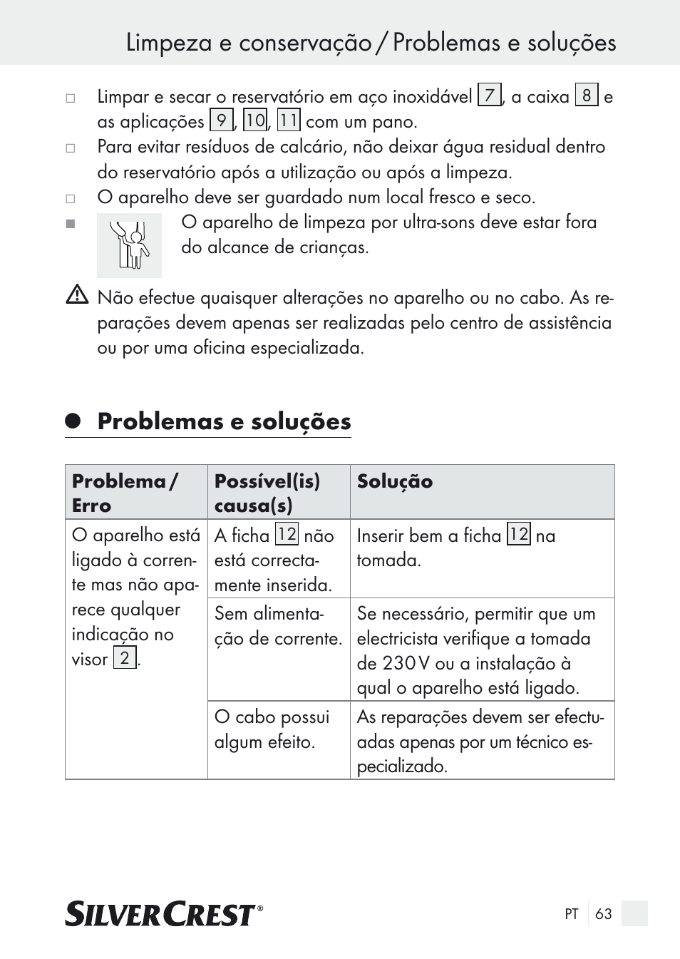 Limpeza e conservação / problemas e soluções, Problemas e soluções | Silvercrest SUR 46 A1 User Manual | Page 63 / 109