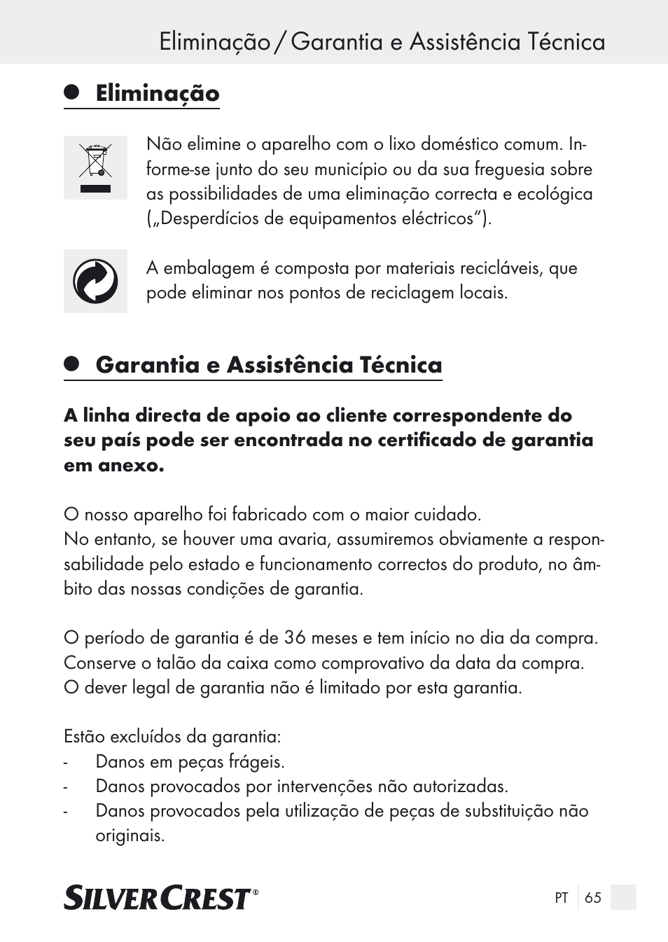 Eliminação / garantia e assistência técnica, Eliminação, Garantia e assistência técnica | Silvercrest SUR 46 A1 User Manual | Page 65 / 109