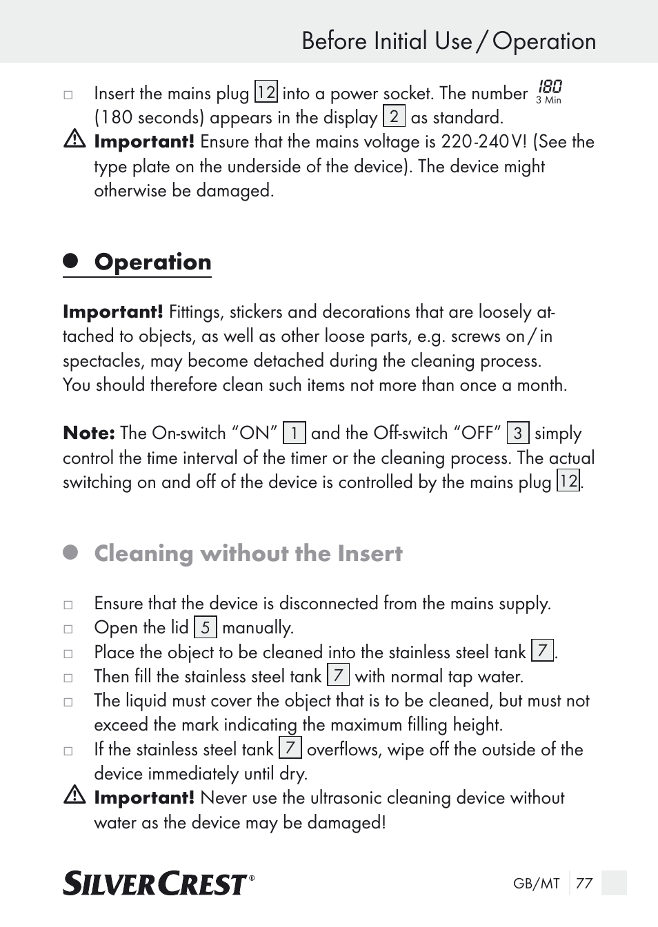 Before initial use / operation, Operation, Cleaning without the insert | Silvercrest SUR 46 A1 User Manual | Page 77 / 109
