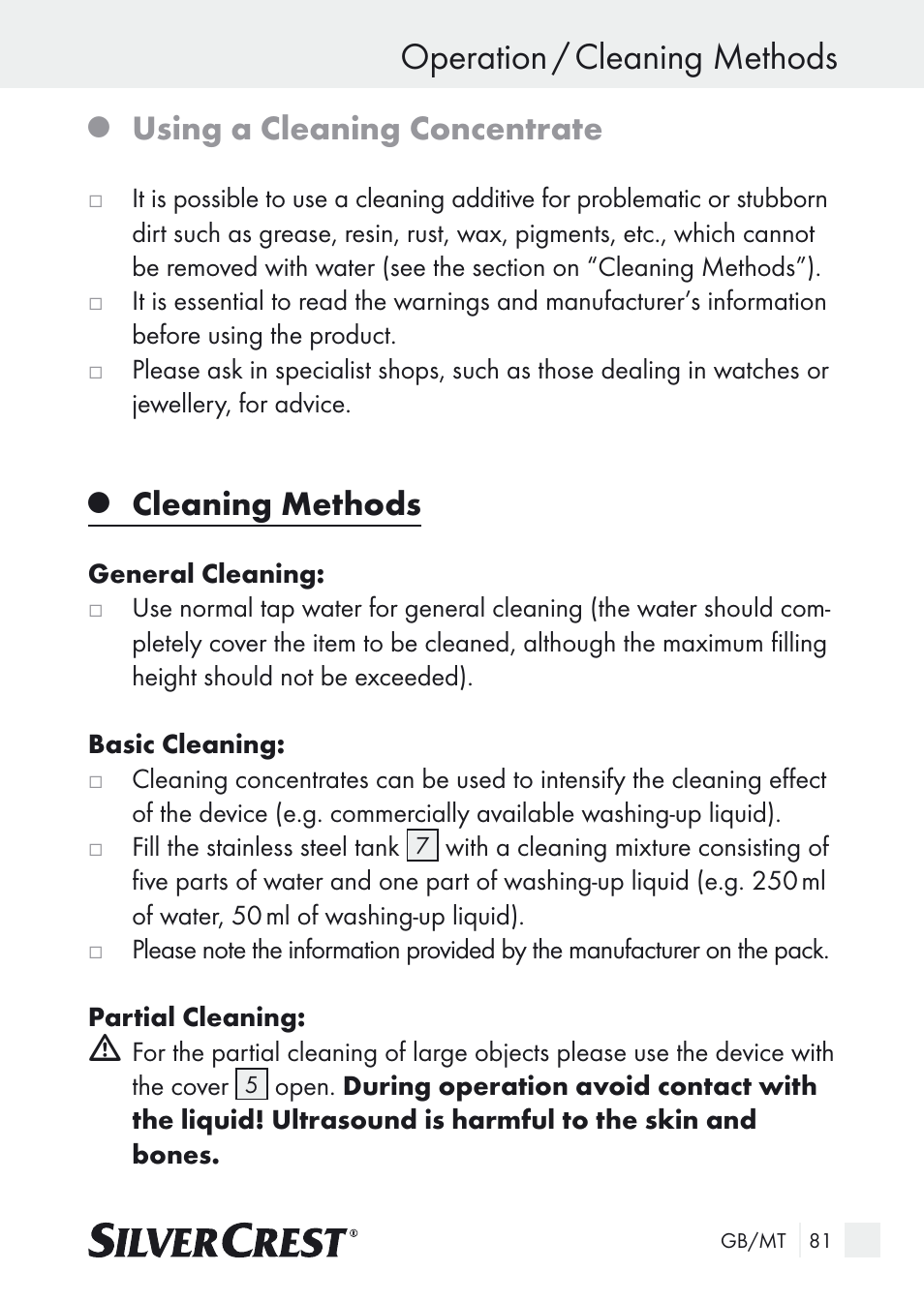 Operation / cleaning methods, Using a cleaning concentrate, Cleaning methods | Silvercrest SUR 46 A1 User Manual | Page 81 / 109