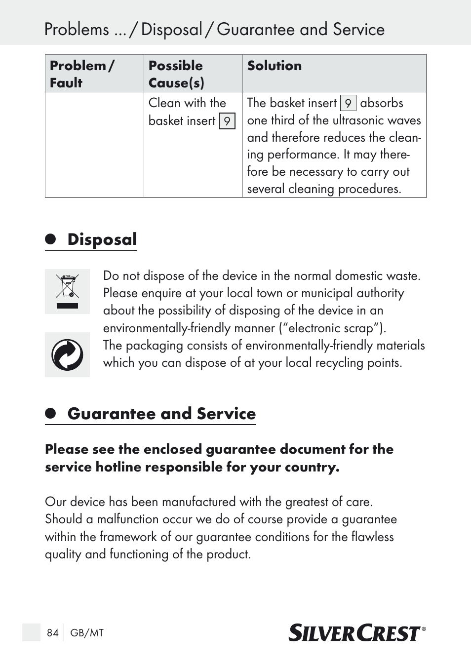 Problems ... / disposal / guarantee and service, Disposal, Guarantee and service | Silvercrest SUR 46 A1 User Manual | Page 84 / 109