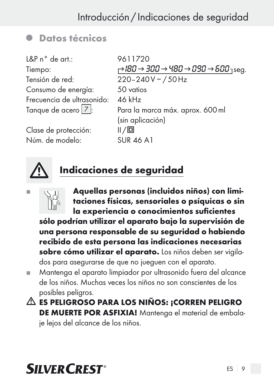 Introducción / indicaciones de seguridad, Datos técnicos, Indicaciones de seguridad | Silvercrest SUR 46 A1 User Manual | Page 9 / 109