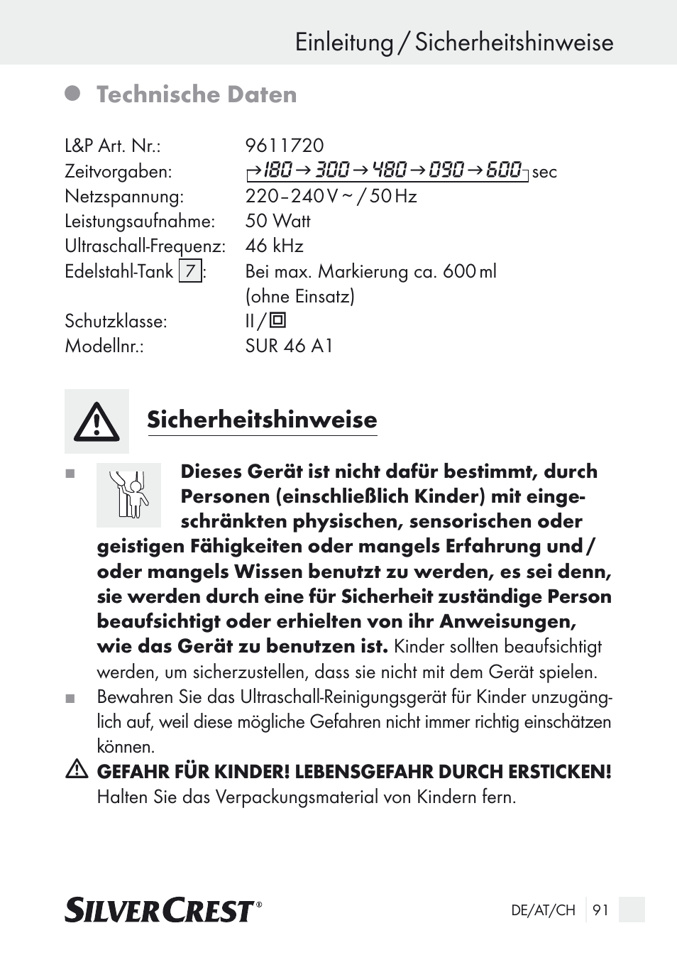 Einleitung / sicherheitshinweise, Technische daten, Sicherheitshinweise | Silvercrest SUR 46 A1 User Manual | Page 91 / 109