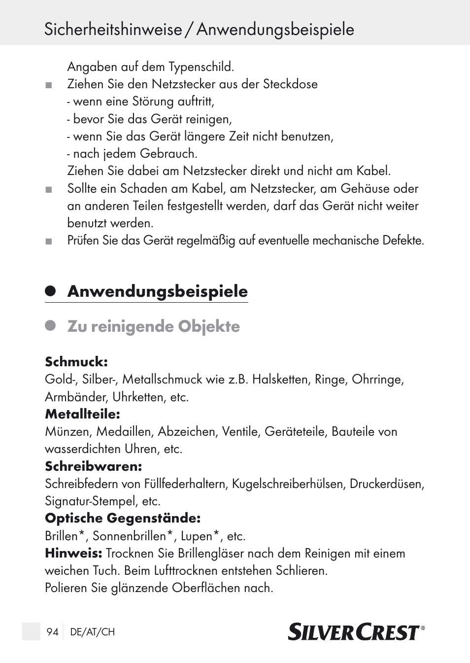 Sicherheitshinweise / anwendungsbeispiele, Anwendungsbeispiele, Zu reinigende objekte | Silvercrest SUR 46 A1 User Manual | Page 94 / 109