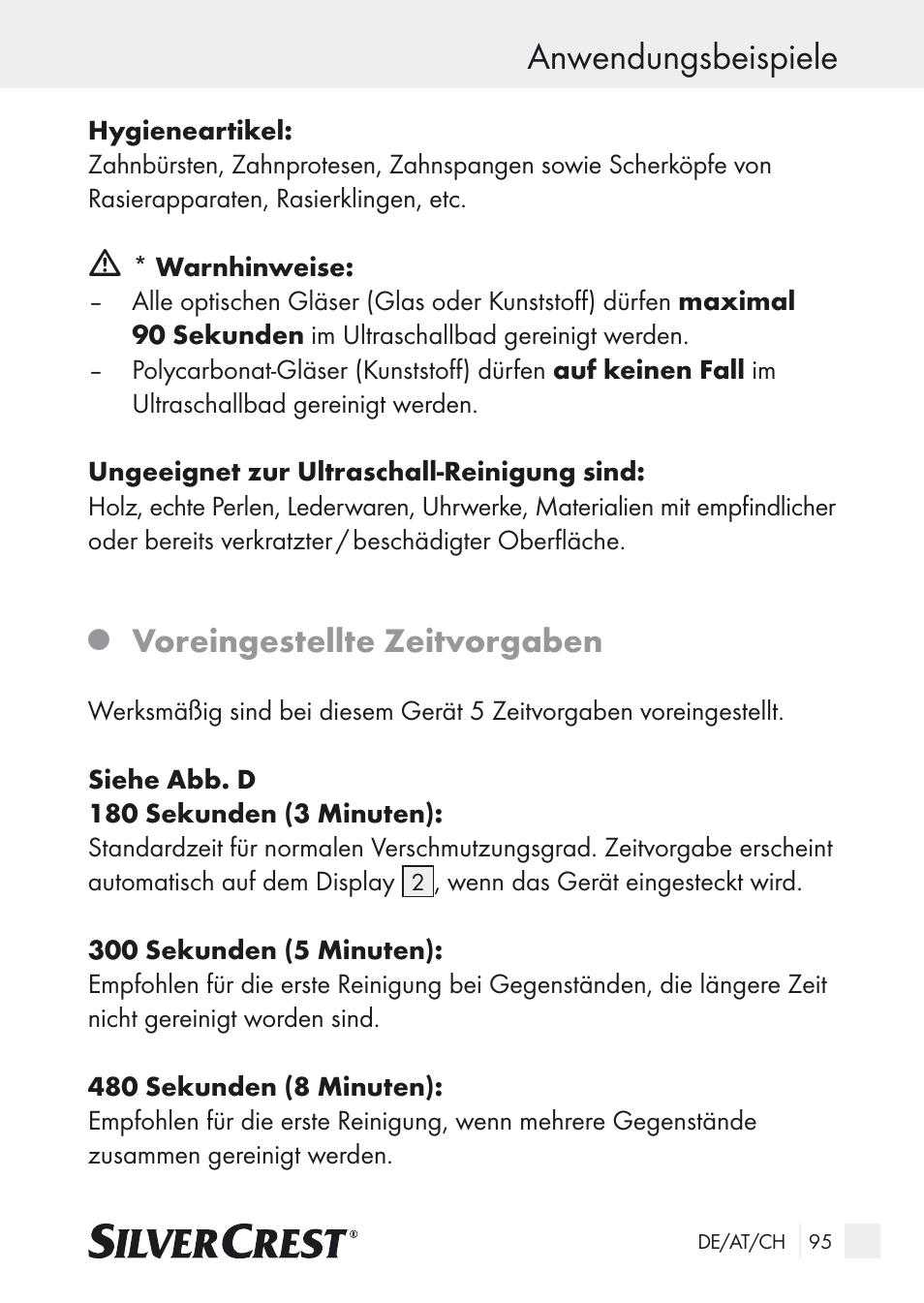 Anwendungsbeispiele, Voreingestellte zeitvorgaben | Silvercrest SUR 46 A1 User Manual | Page 95 / 109