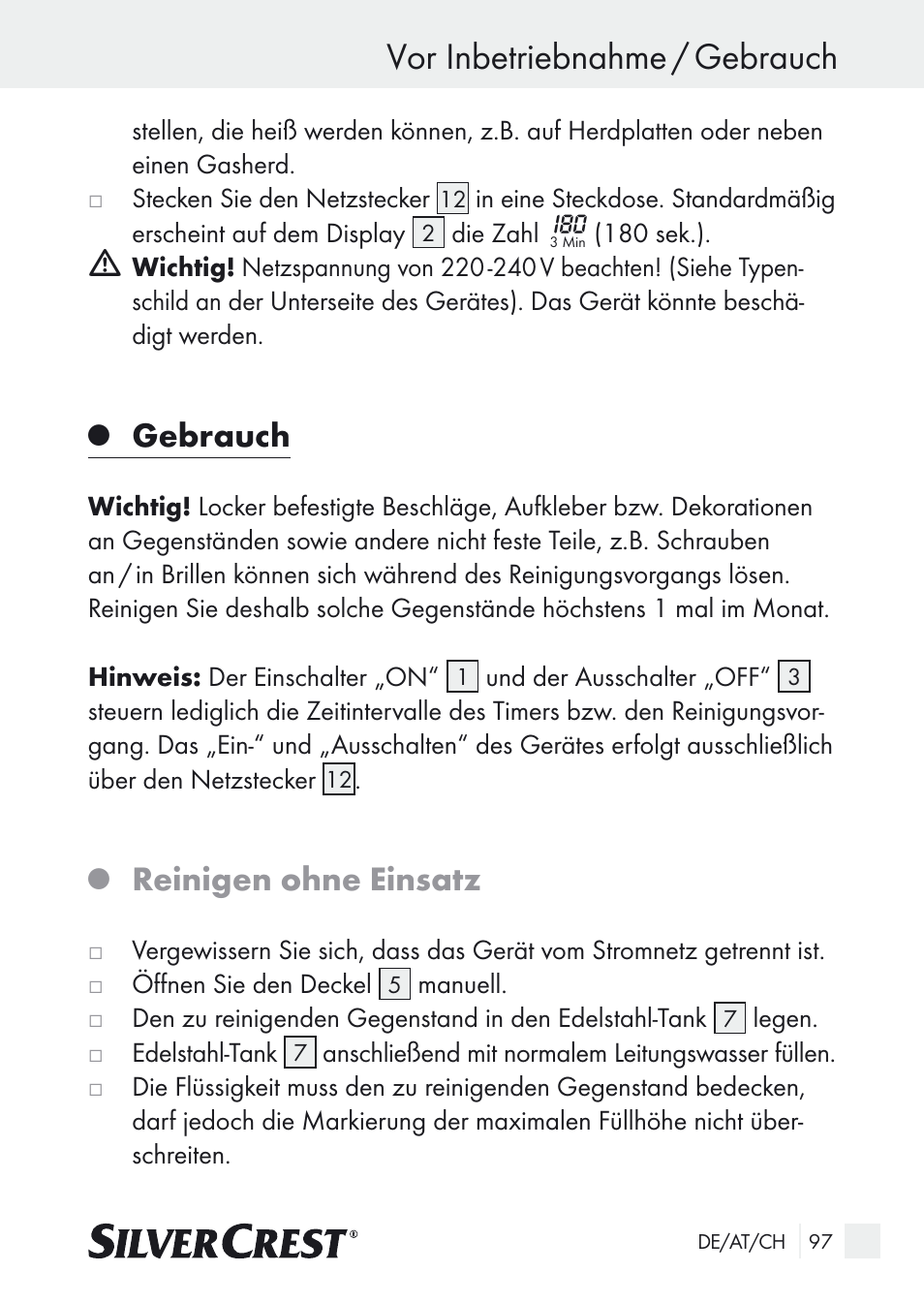 Vor inbetriebnahme / gebrauch, Gebrauch, Reinigen ohne einsatz | Silvercrest SUR 46 A1 User Manual | Page 97 / 109