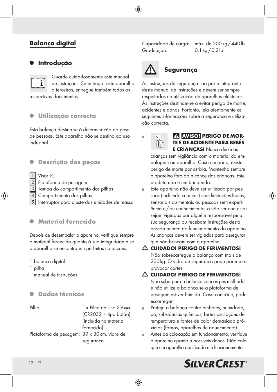 Balança digital, Introdução, Utilização correcta | Descrição das peças, Material fornecido, Dados técnicos, Segurança | Silvercrest Z30965 User Manual | Page 12 / 21