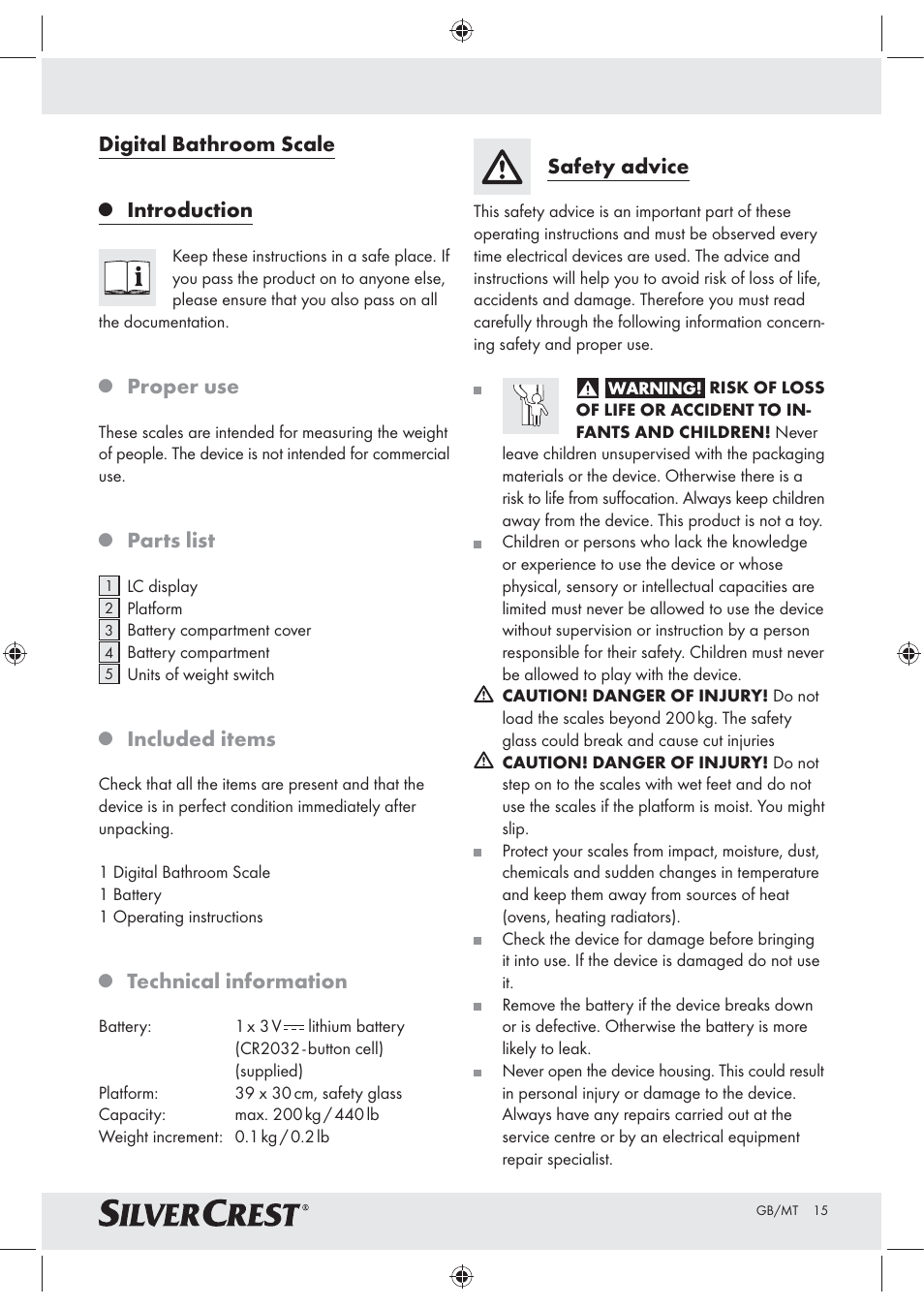 Digital bathroom scale, Introduction, Proper use | Parts list, Included items, Technical information, Safety advice | Silvercrest Z30965 User Manual | Page 15 / 21