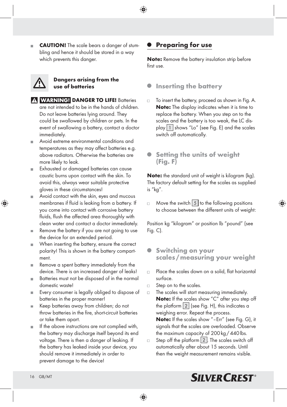 Preparing for use, Inserting the battery, Setting the units of weight (fig. f) | Switching on your scales / measuring your weight | Silvercrest Z30965 User Manual | Page 16 / 21