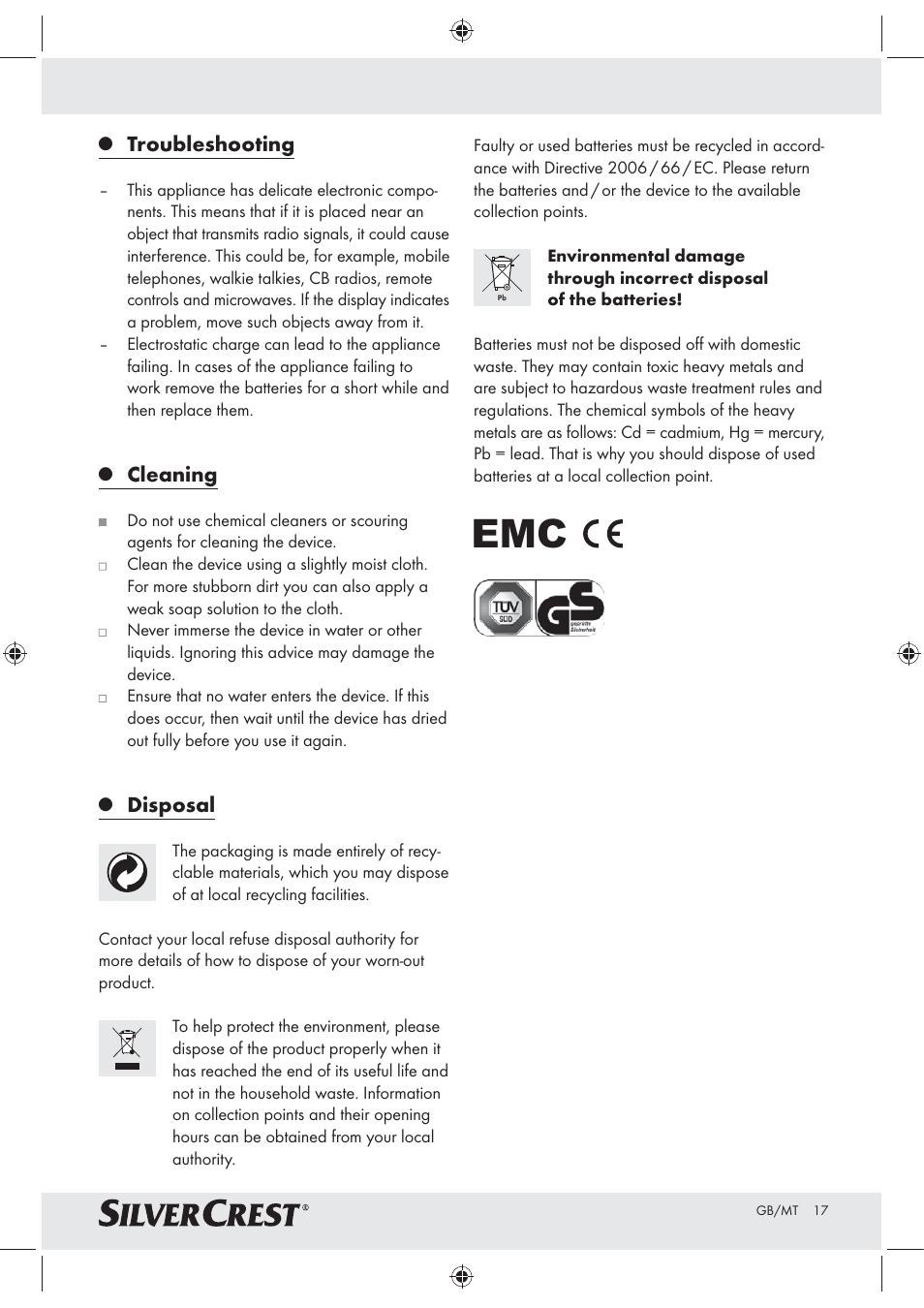Troubleshooting, Cleaning, Disposal | Silvercrest Z30965 User Manual | Page 17 / 21
