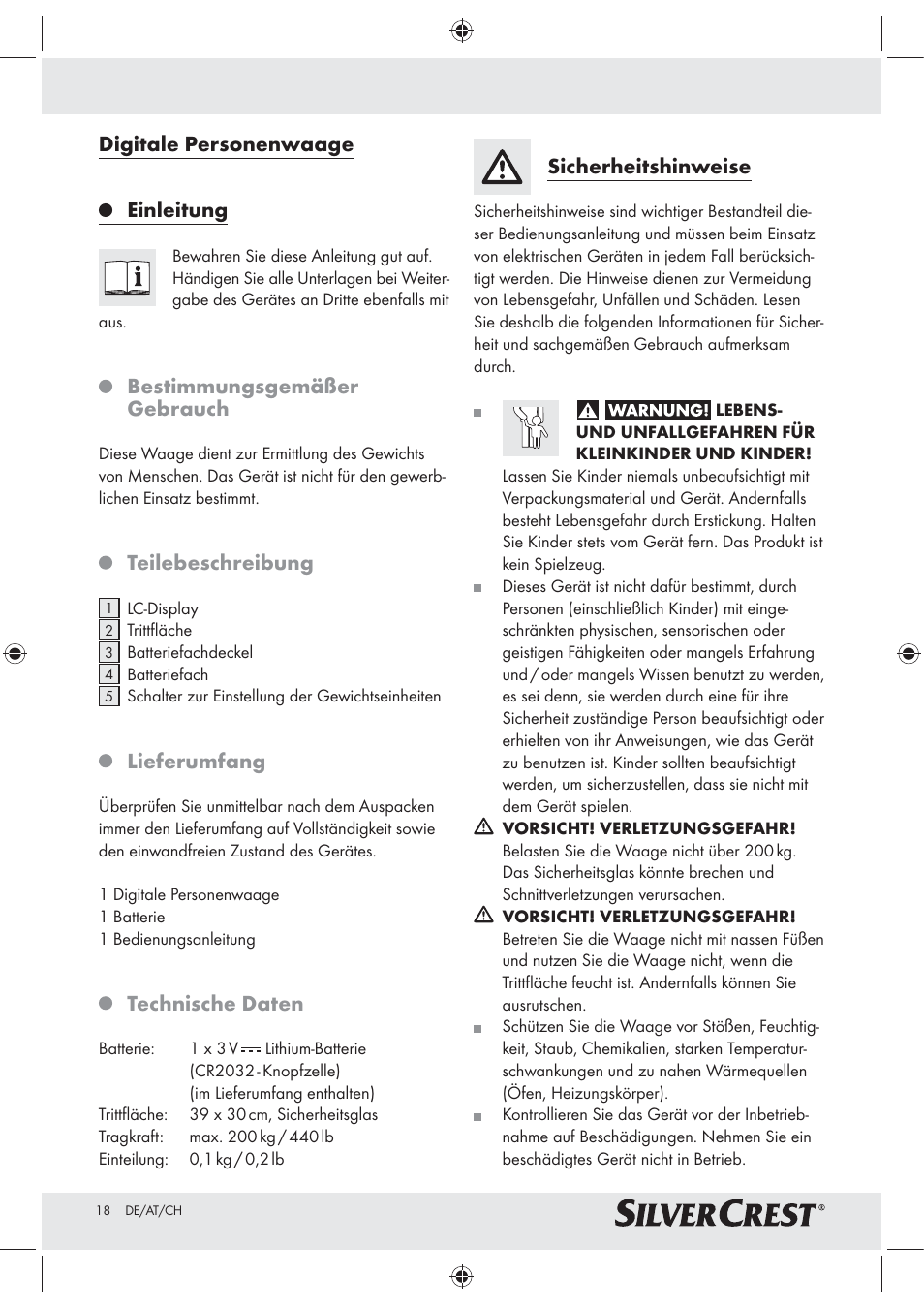 Digitale personenwaage, Einleitung, Bestimmungsgemäßer gebrauch | Teilebeschreibung, Lieferumfang, Technische daten, Sicherheitshinweise | Silvercrest Z30965 User Manual | Page 18 / 21
