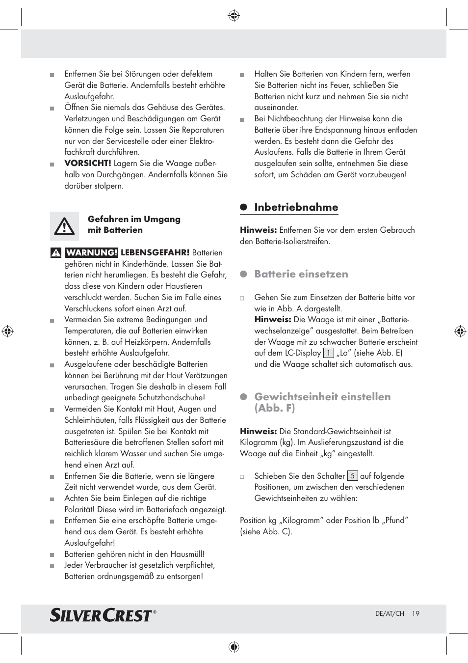 Inbetriebnahme, Batterie einsetzen, Gewichtseinheit einstellen (abb. f) | Silvercrest Z30965 User Manual | Page 19 / 21