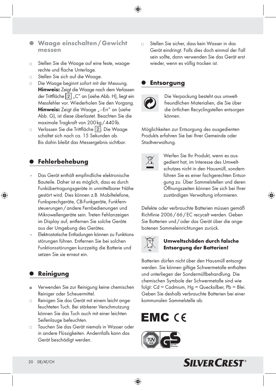 Waage einschalten / gewicht messen, Fehlerbehebung, Reinigung | Entsorgung | Silvercrest Z30965 User Manual | Page 20 / 21