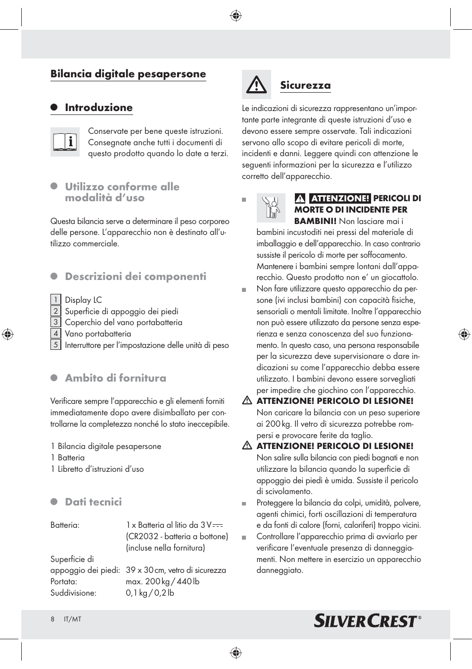 Bilancia digitale pesapersone, Introduzione, Utilizzo conforme alle modalità d’uso | Descrizioni dei componenti, Ambito di fornitura, Dati tecnici, Sicurezza | Silvercrest Z30965 User Manual | Page 8 / 21