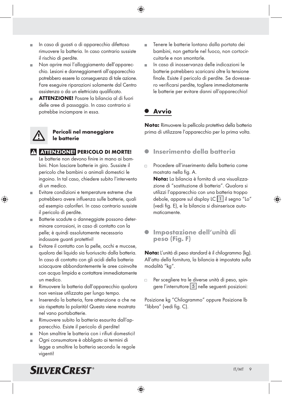 Avvio, Inserimento della batteria, Impostazione dell’unità di peso (fig. f) | Silvercrest Z30965 User Manual | Page 9 / 21