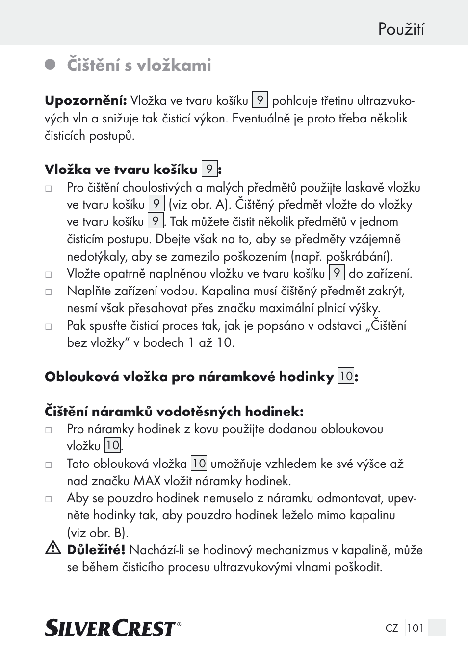 Použití, Čištění s vložkami | Silvercrest SUR 46 A1 User Manual | Page 101 / 149