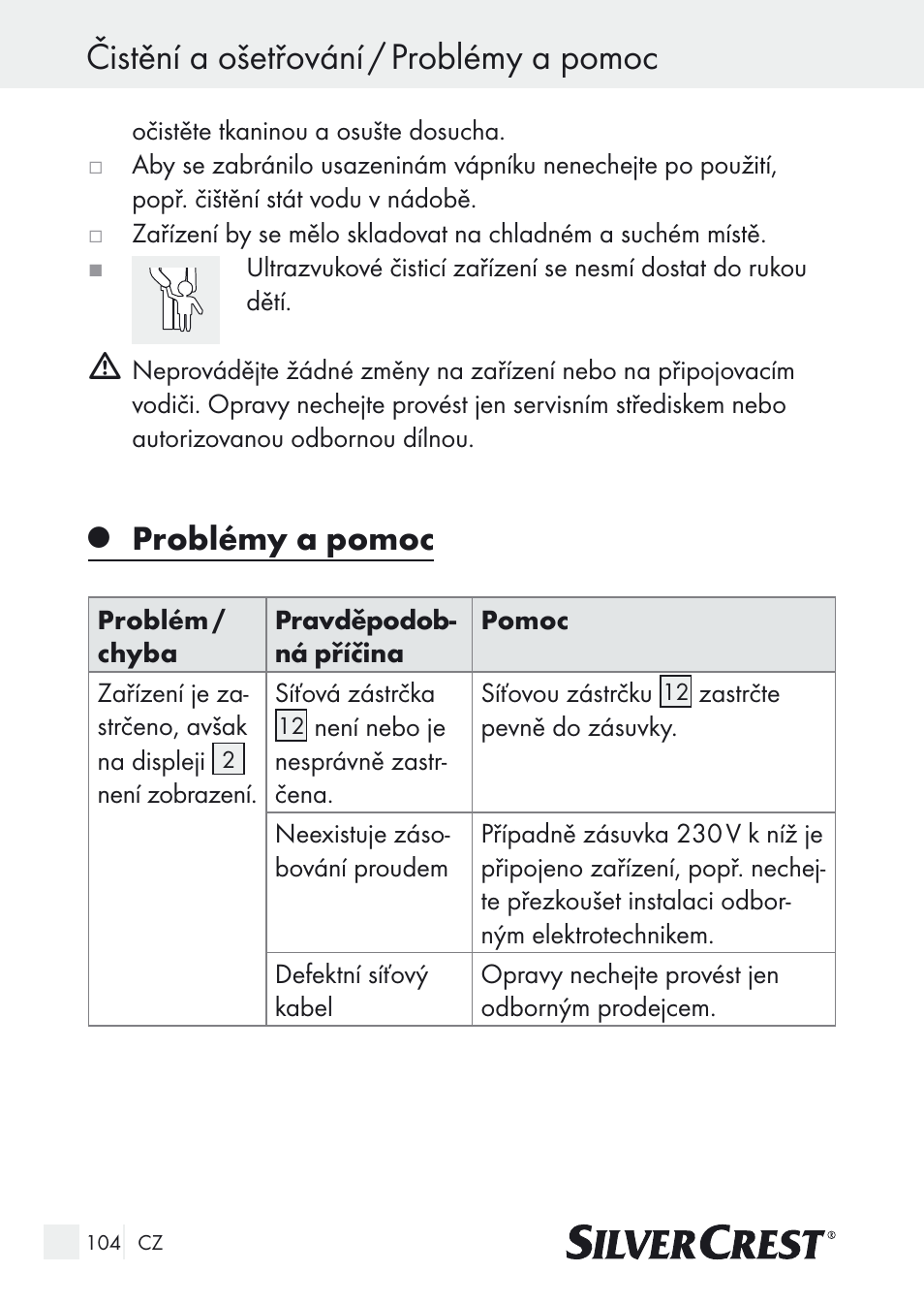 Čistění a ošetřování / problémy a pomoc, Problémy a pomoc | Silvercrest SUR 46 A1 User Manual | Page 104 / 149