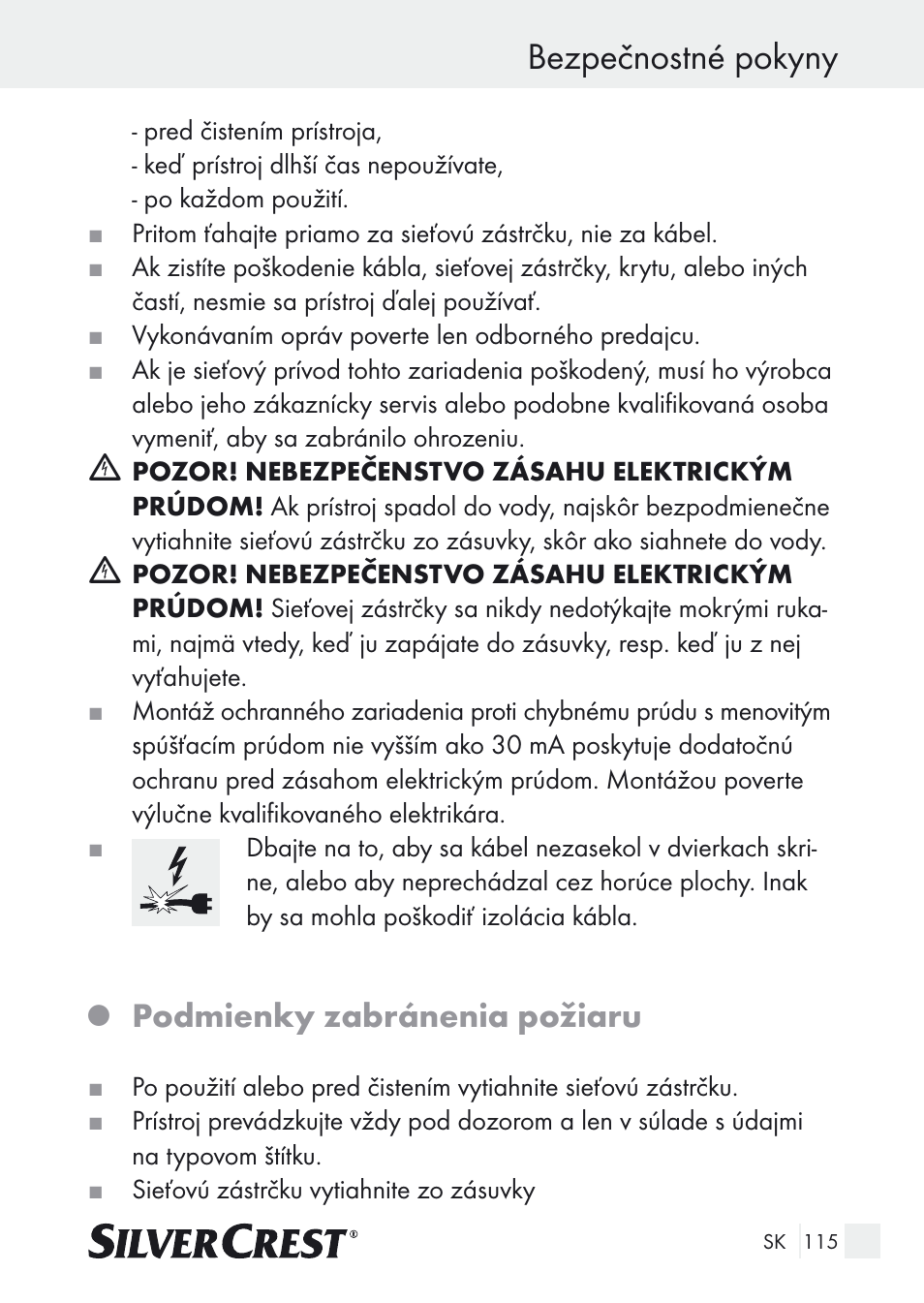 Bezpečnostné pokyny, Podmienky zabránenia požiaru | Silvercrest SUR 46 A1 User Manual | Page 115 / 149