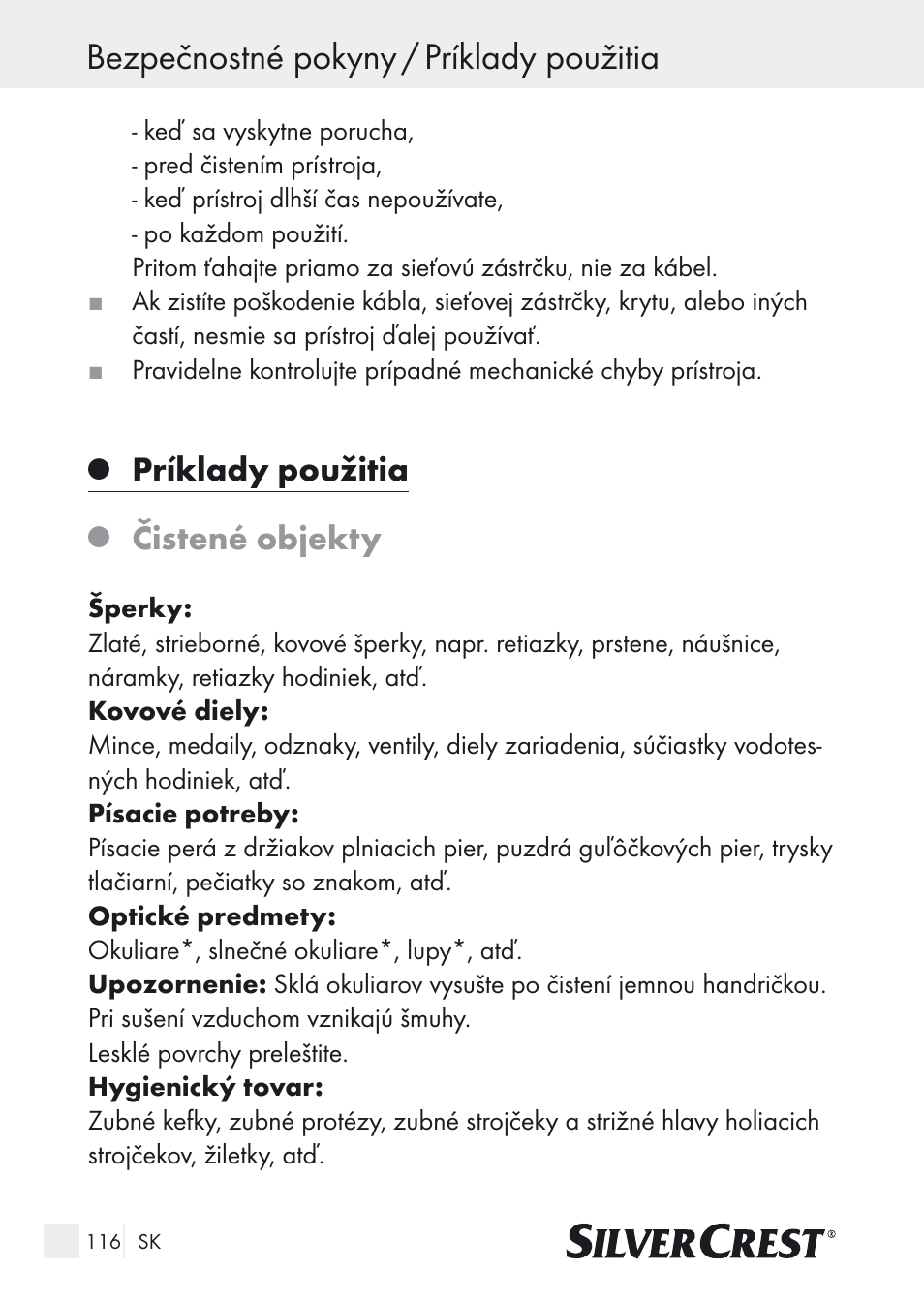 Bezpečnostné pokyny / príklady použitia, Príklady použitia, Čistené objekty | Silvercrest SUR 46 A1 User Manual | Page 116 / 149